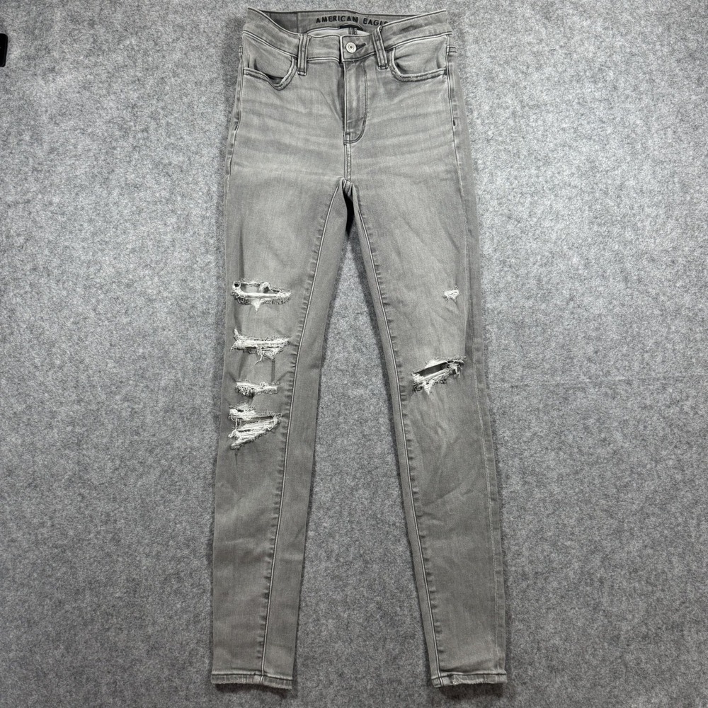 American Eagle Next Level Stretch Skinny Jeans‎ 00 Grey Distressed Ripped Denim